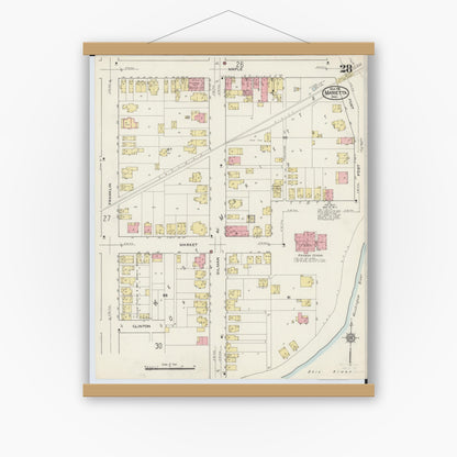 Old map wall art mockup — magnetic wood frame on white wall — Sanborn Fire Insurance Map from Marietta, Washington County, Ohio (1915), Sheet #0028