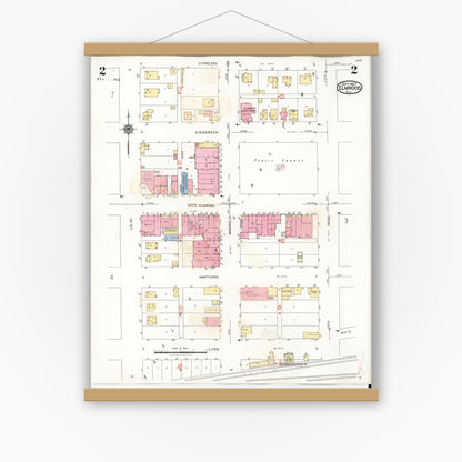 Old map wall art mockup — magnetic wood frame on white wall — Sanborn Fire Insurance Map from Elmwood, Peoria County, Illinois (1944), Sheet #0002