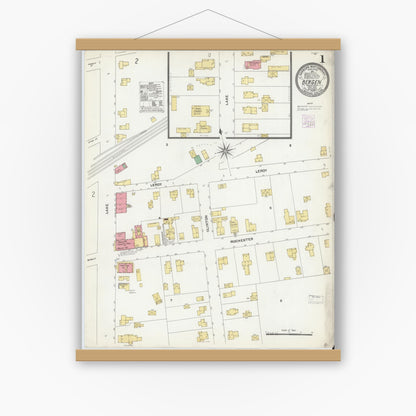 Old map wall art mockup — magnetic wood frame on white wall — Sanborn Fire Insurance Map from Bergen, Genesee County, New York (1904), Sheet #0001