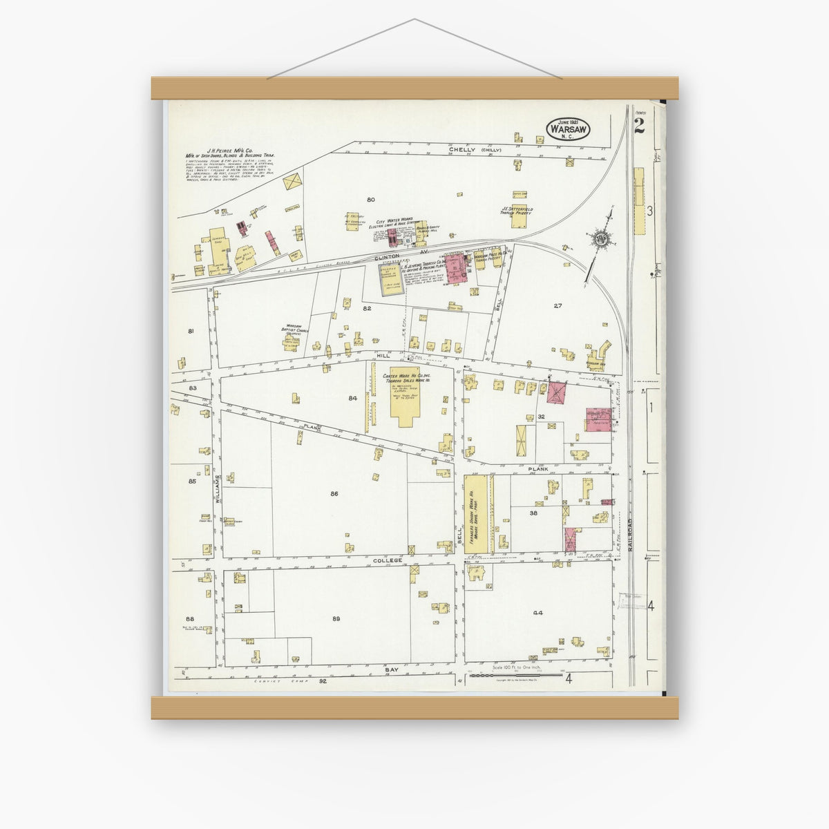 Old map wall art mockup — magnetic wood frame on white wall — Sanborn Fire Insurance Map from Warsaw, Duplin County, North Carolina (1921), Sheet #0002