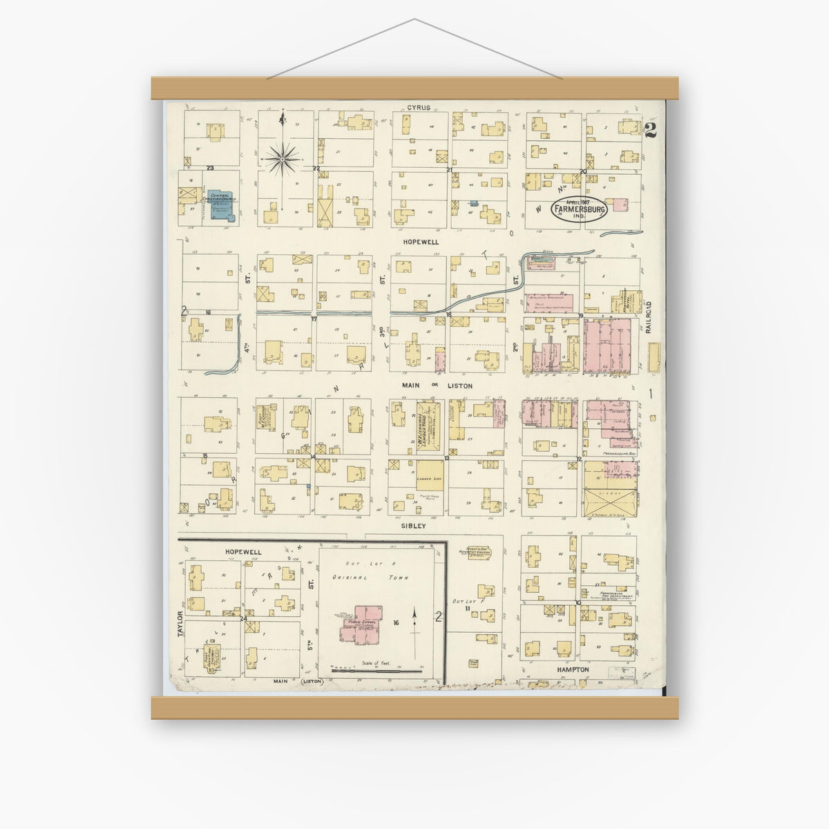 Old map wall art mockup — magnetic wood frame on white wall — Sanborn Fire Insurance Map from Farmland, Randolph County, Indiana (1907), Sheet #0002