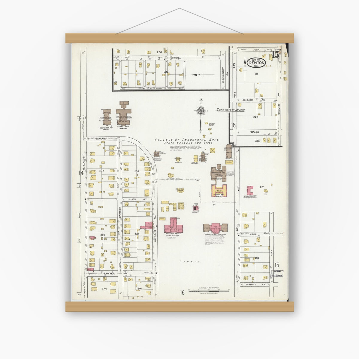 Old map wall art mockup — magnetic wood frame on white wall — Sanborn Fire Insurance Map from Denton, Denton County, Texas (1921), Sheet #0015