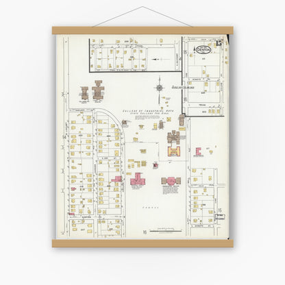 Old map wall art mockup — magnetic wood frame on white wall — Sanborn Fire Insurance Map from Denton, Denton County, Texas (1921), Sheet #0015
