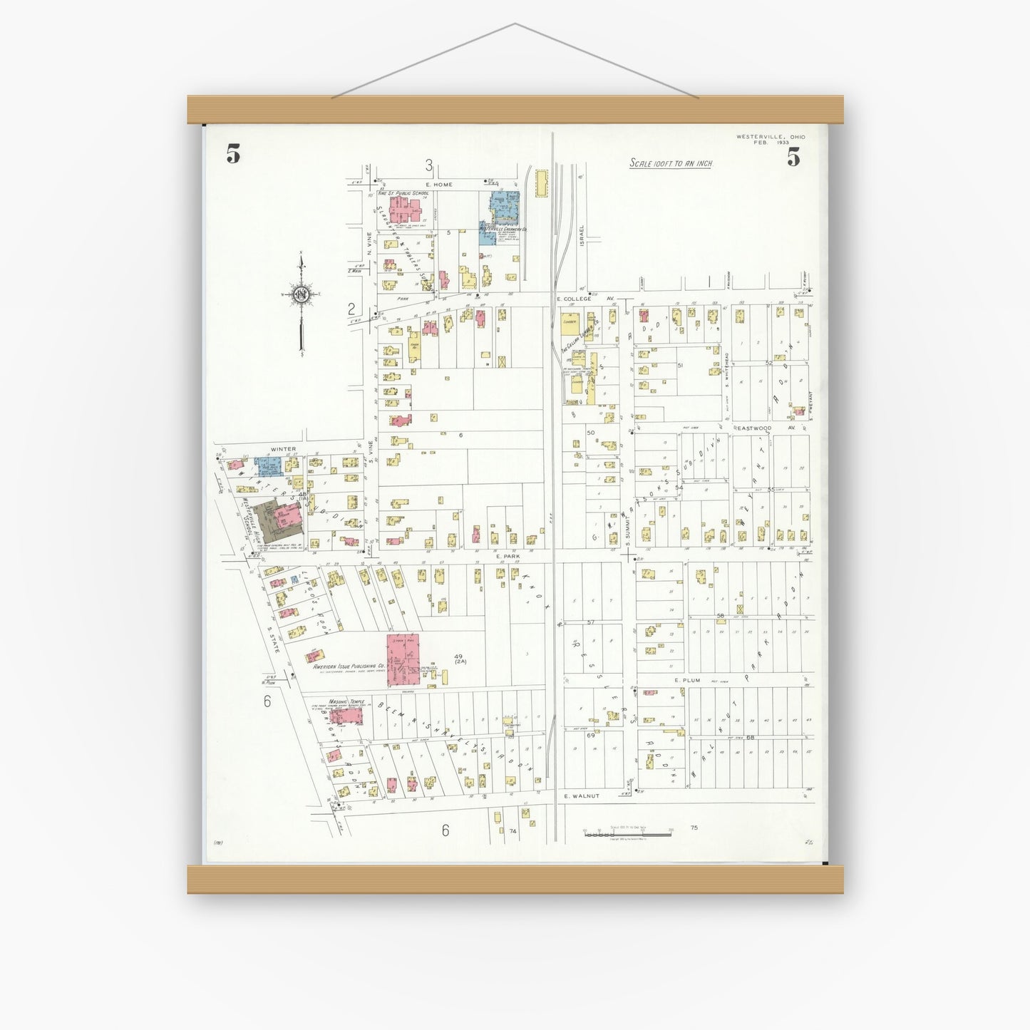 Old map wall art mockup — magnetic wood frame on white wall — Sanborn Fire Insurance Map from Westerville, Franklin County, Ohio (1933), Sheet #0005