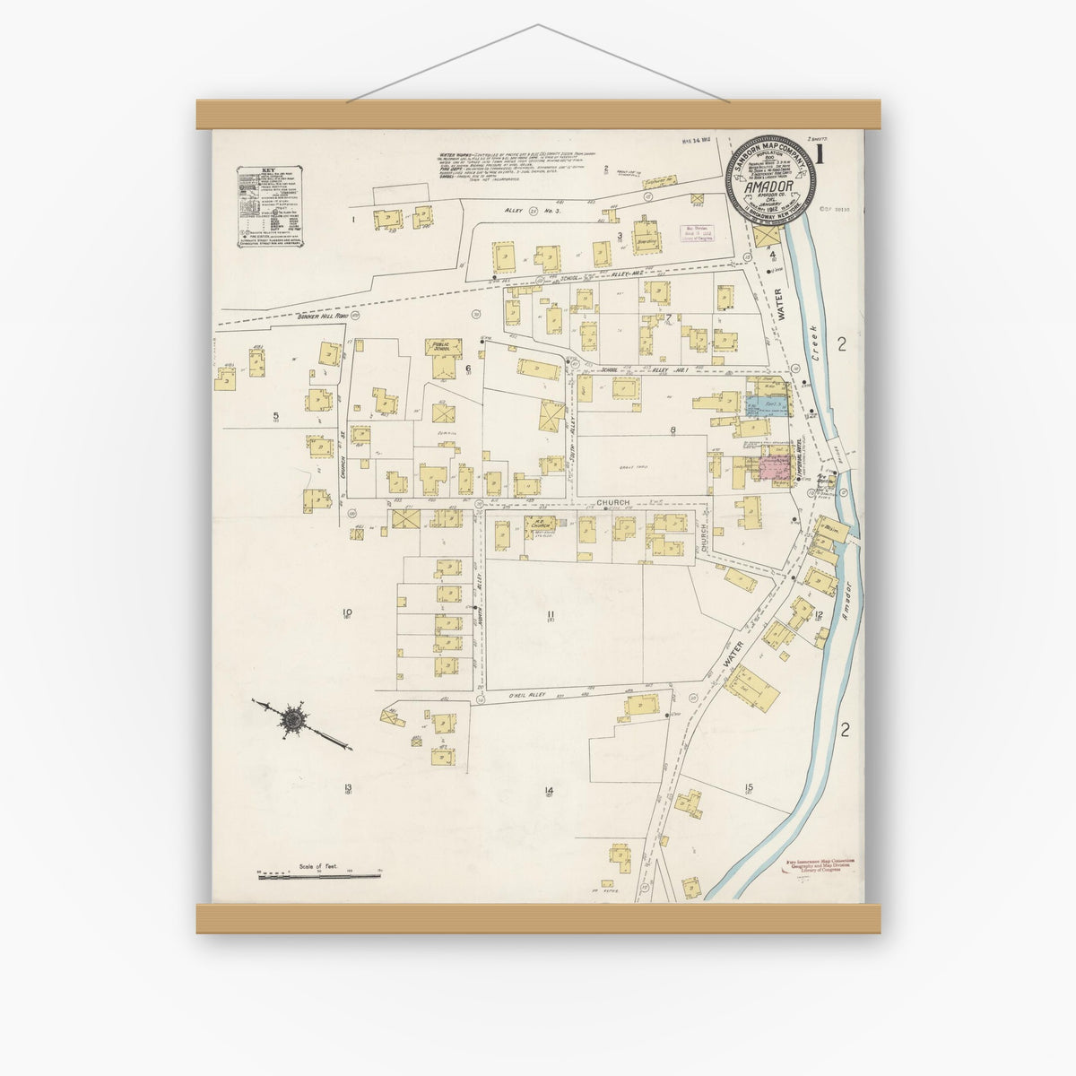Old map wall art mockup — magnetic wood frame on white wall — Sanborn Fire Insurance Map from Amador, Amador County, California (1912), Sheet #0001