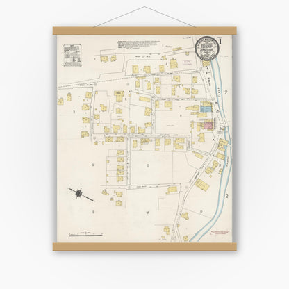 Old map wall art mockup — magnetic wood frame on white wall — Sanborn Fire Insurance Map from Amador, Amador County, California (1912), Sheet #0001