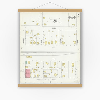 Old map wall art mockup — magnetic wood frame on white wall — Sanborn Fire Insurance Map from Van Alstyne, Grayson County, Texas (1907), Sheet #0003