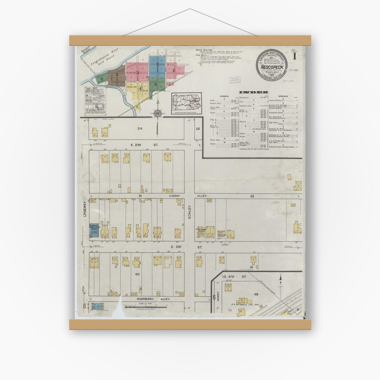 Old map wall art mockup — magnetic wood frame on white wall — Sanborn Fire Insurance Map from Nescopeck, Luzerne County, Pennsylvania (1919), Sheet #0001