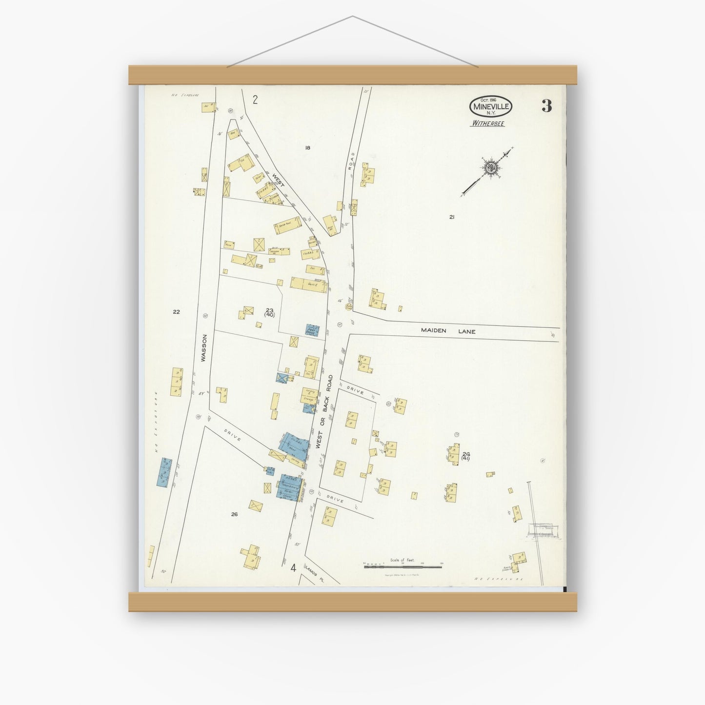 Old map wall art mockup — magnetic wood frame on white wall — Sanborn Fire Insurance Map from Mineville, Essex County, New York (1916), Sheet #0003
