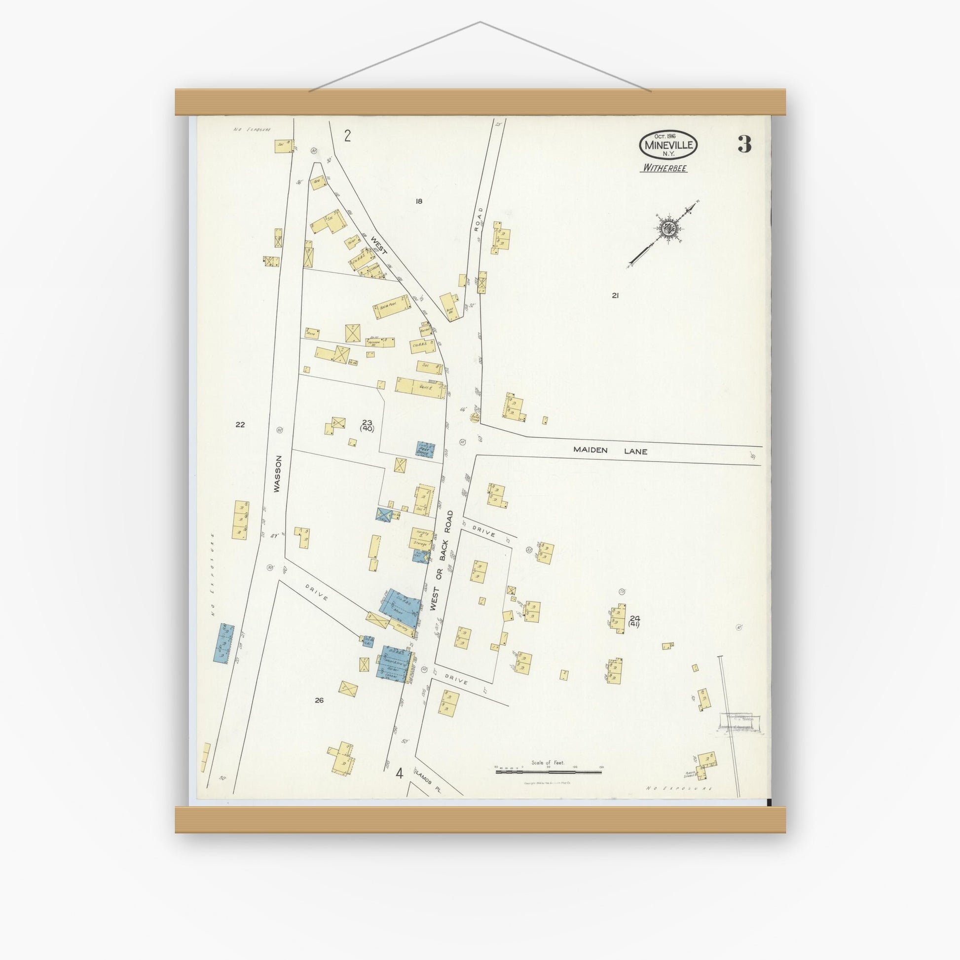 Old map wall art mockup — magnetic wood frame on white wall — Sanborn Fire Insurance Map from Mineville, Essex County, New York (1916), Sheet #0003