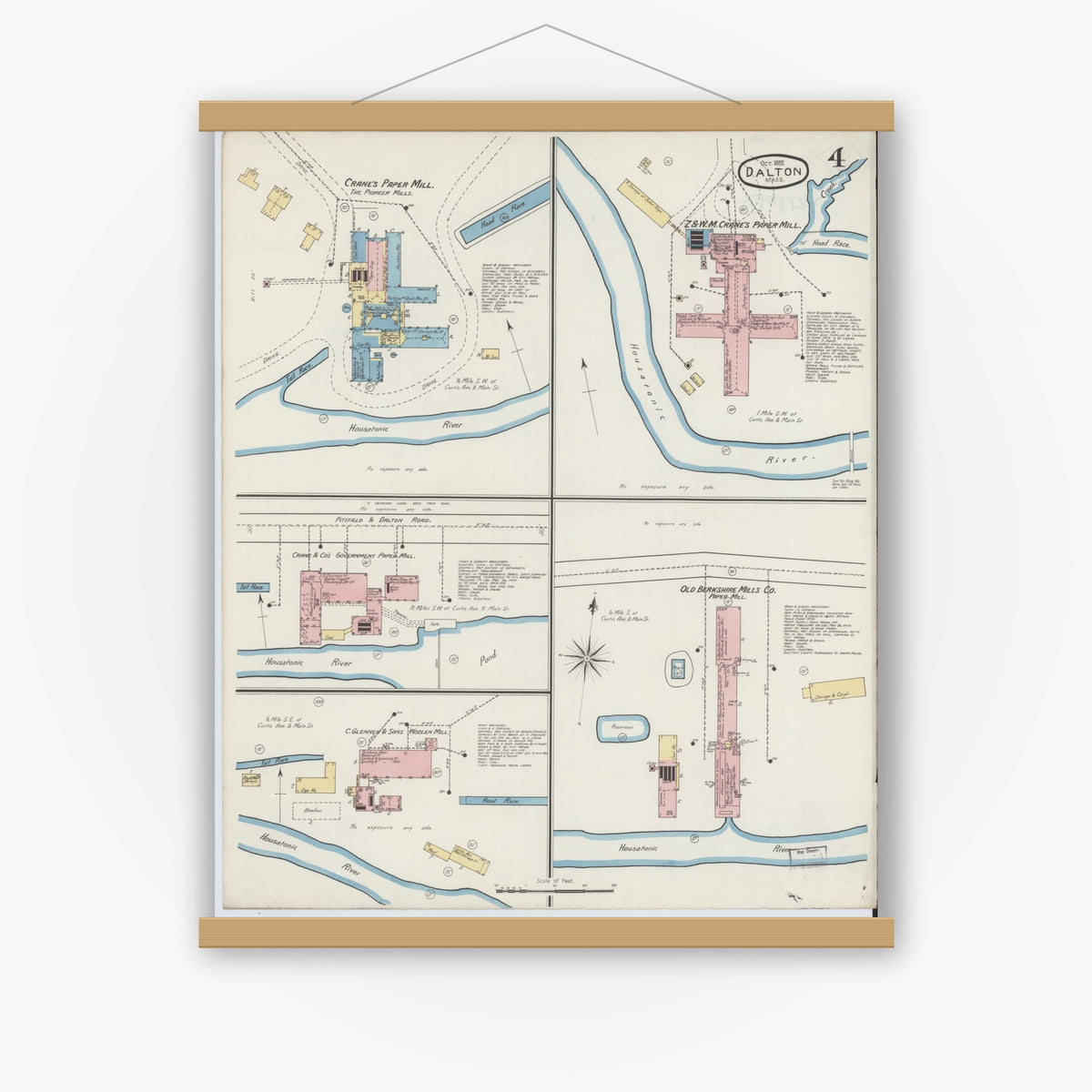 Old map wall art mockup — magnetic wood frame on white wall — Sanborn Fire Insurance Map from Dalton, Berkshire County, Massachusetts (1892), Sheet #0004