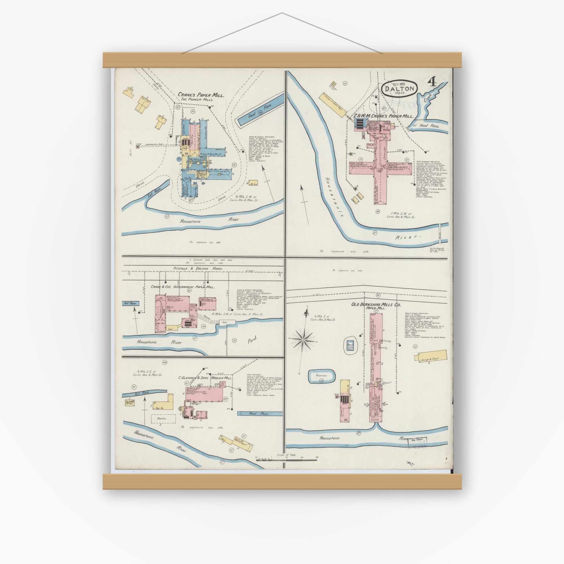 Old map wall art mockup — magnetic wood frame on white wall — Sanborn Fire Insurance Map from Dalton, Berkshire County, Massachusetts (1892), Sheet #0004