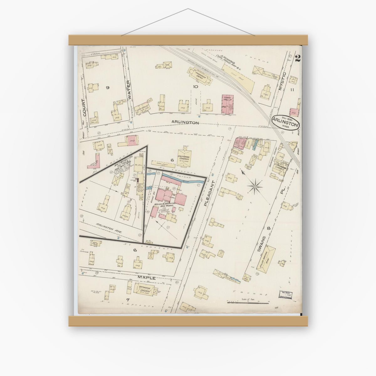 Old map wall art mockup — magnetic wood frame on white wall — Sanborn Fire Insurance Map from Arlington, Middlesex County, Massachusetts (1885), Sheet #0002