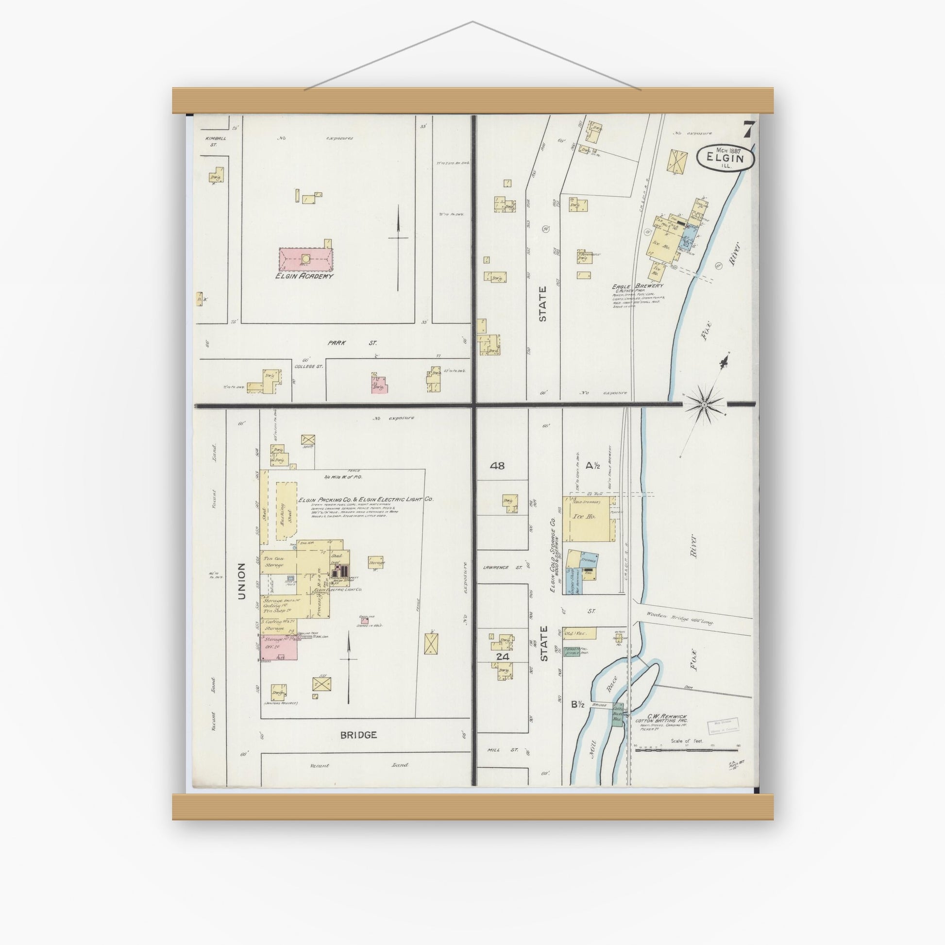 Old map wall art mockup — magnetic wood frame on white wall — Sanborn Fire Insurance Map from Elgin, Kane County, Illinois (1887), Sheet #0007