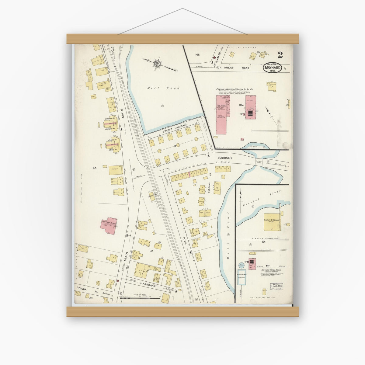 Old map wall art mockup — magnetic wood frame on white wall — Sanborn Fire Insurance Map from Maynard, Middlesex County, Massachusetts (1915), Sheet #0002