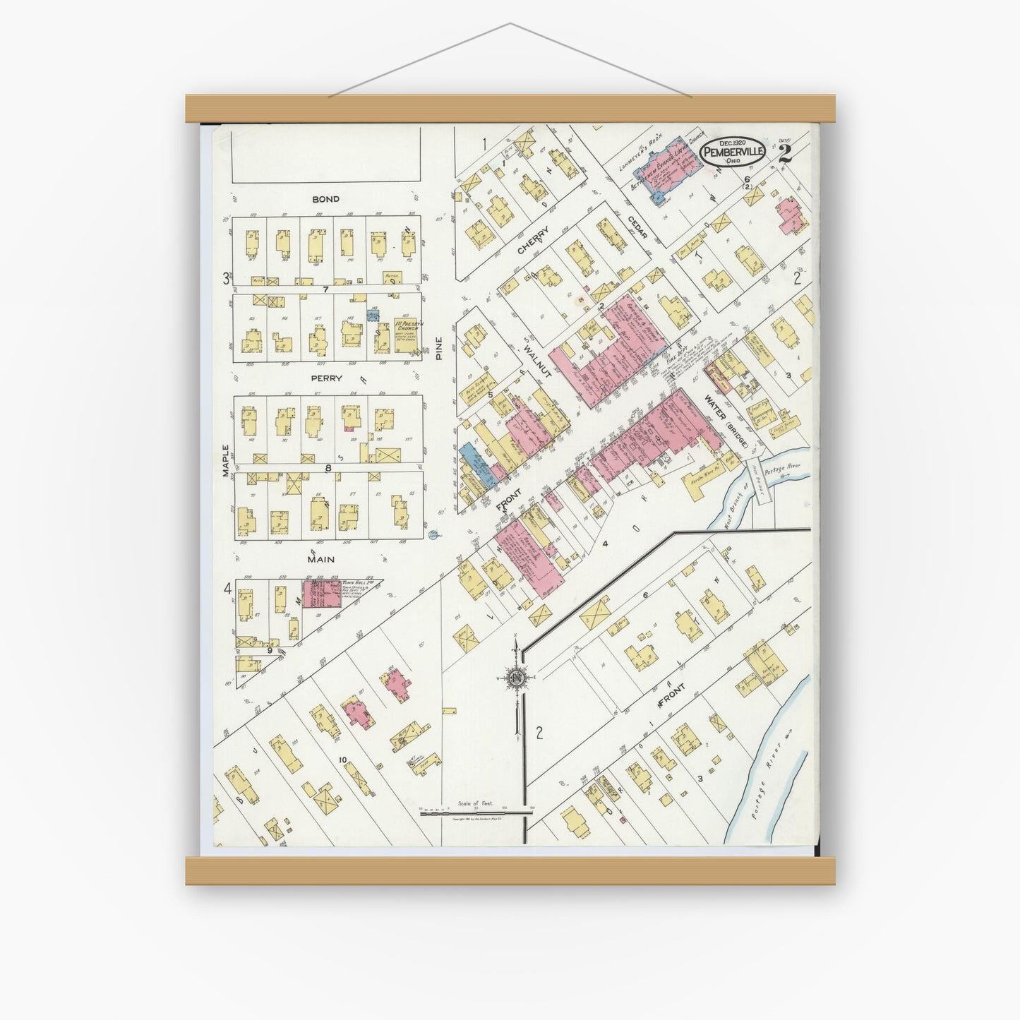 Old map wall art mockup — magnetic wood frame on white wall — Sanborn Fire Insurance Map from Pemberville, Wood County, Ohio (1920), Sheet #0002