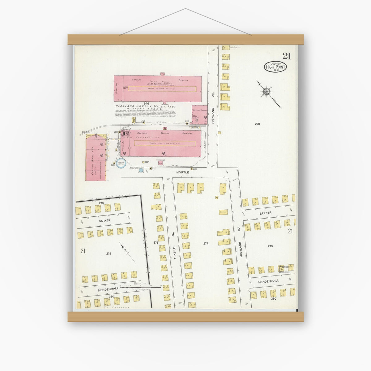 Old map wall art mockup — magnetic wood frame on white wall — Sanborn Fire Insurance Map from High Point, Guilford County, North Carolina (1917), Sheet #0021