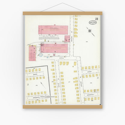 Old map wall art mockup — magnetic wood frame on white wall — Sanborn Fire Insurance Map from High Point, Guilford County, North Carolina (1917), Sheet #0021