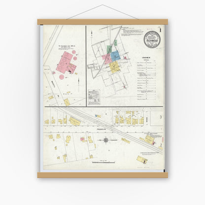 Old map wall art mockup — magnetic wood frame on white wall — Sanborn Fire Insurance Map from Richwood, Union County, Ohio (1910), Sheet #0001