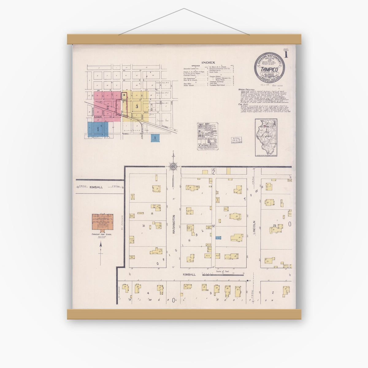 Old map wall art mockup — magnetic wood frame on white wall — Sanborn Fire Insurance Map from Tampico, Whiteside County, Illinois (1921) - Complete Map Set