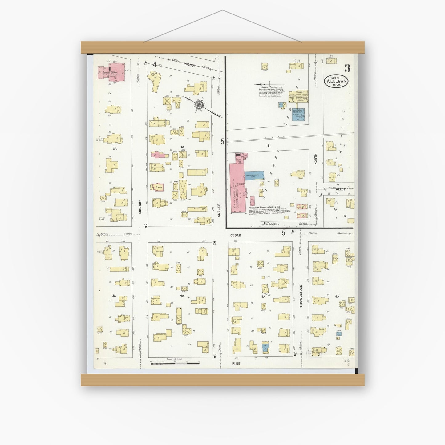 Old map wall art mockup — magnetic wood frame on white wall — Sanborn Fire Insurance Map from Allegan, Allegan County, Michigan (1911), Sheet #0003