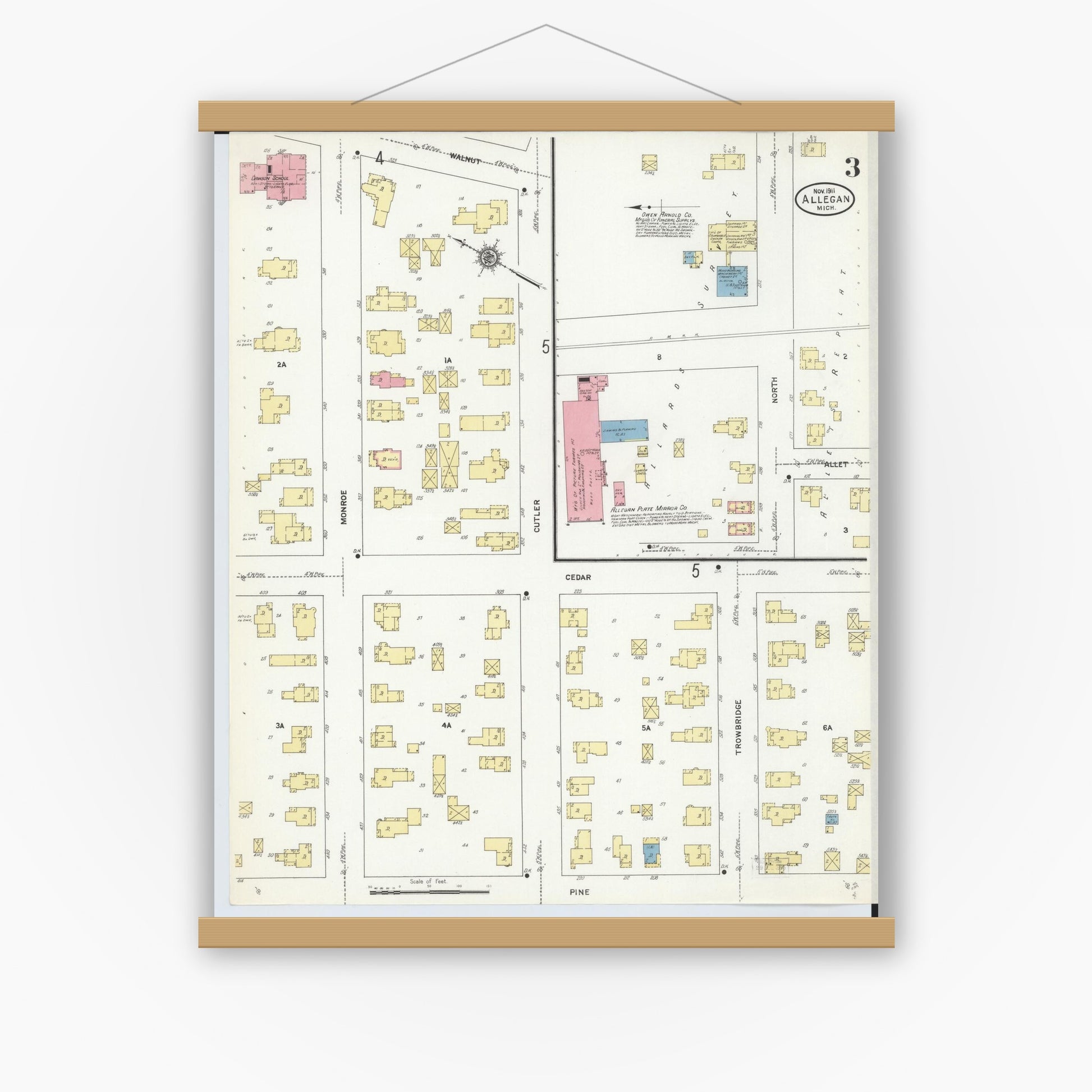 Old map wall art mockup — magnetic wood frame on white wall — Sanborn Fire Insurance Map from Allegan, Allegan County, Michigan (1911), Sheet #0003