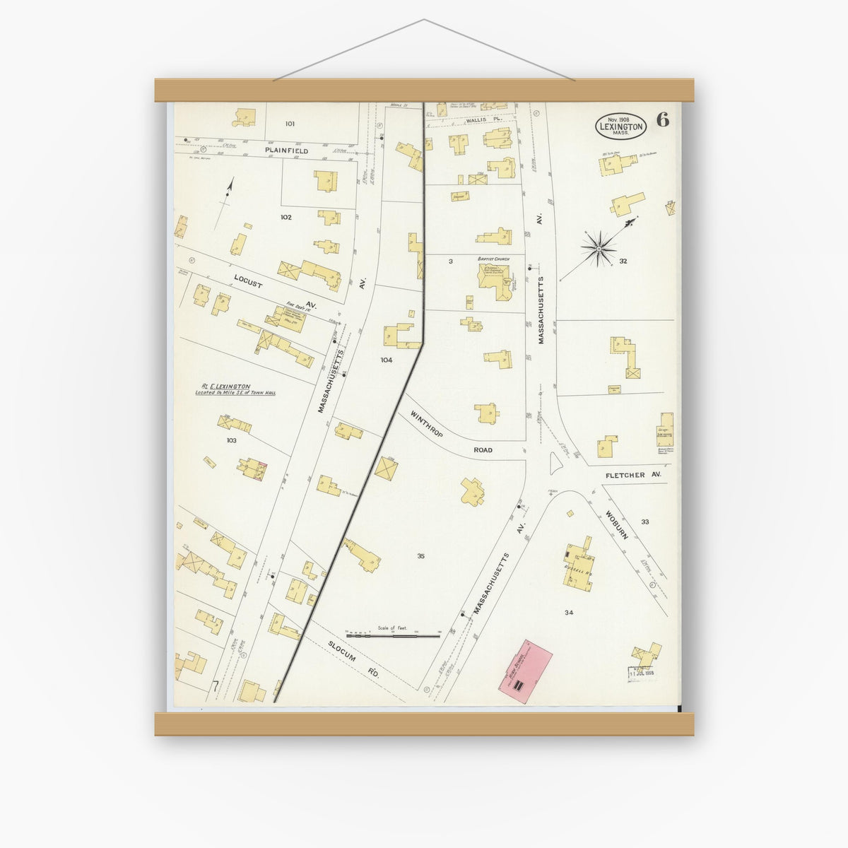 Old map wall art mockup — magnetic wood frame on white wall — Sanborn Fire Insurance Map from Lexington, Middlesex County, Massachusetts (1908), Sheet #0006