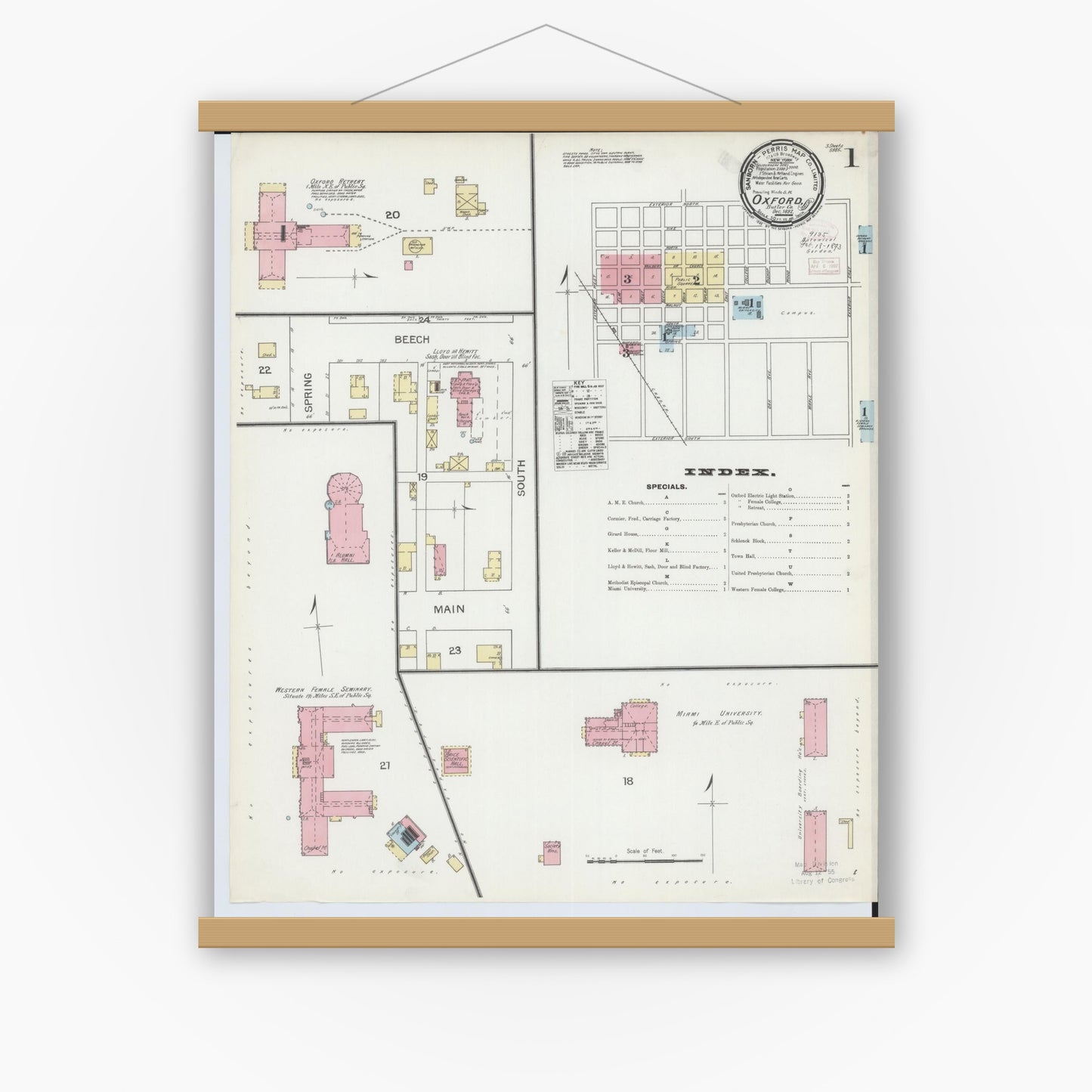 Old map wall art mockup — magnetic wood frame on white wall — Sanborn Fire Insurance Map from Oxford, Butler County, Ohio (1892) - Complete Map Set