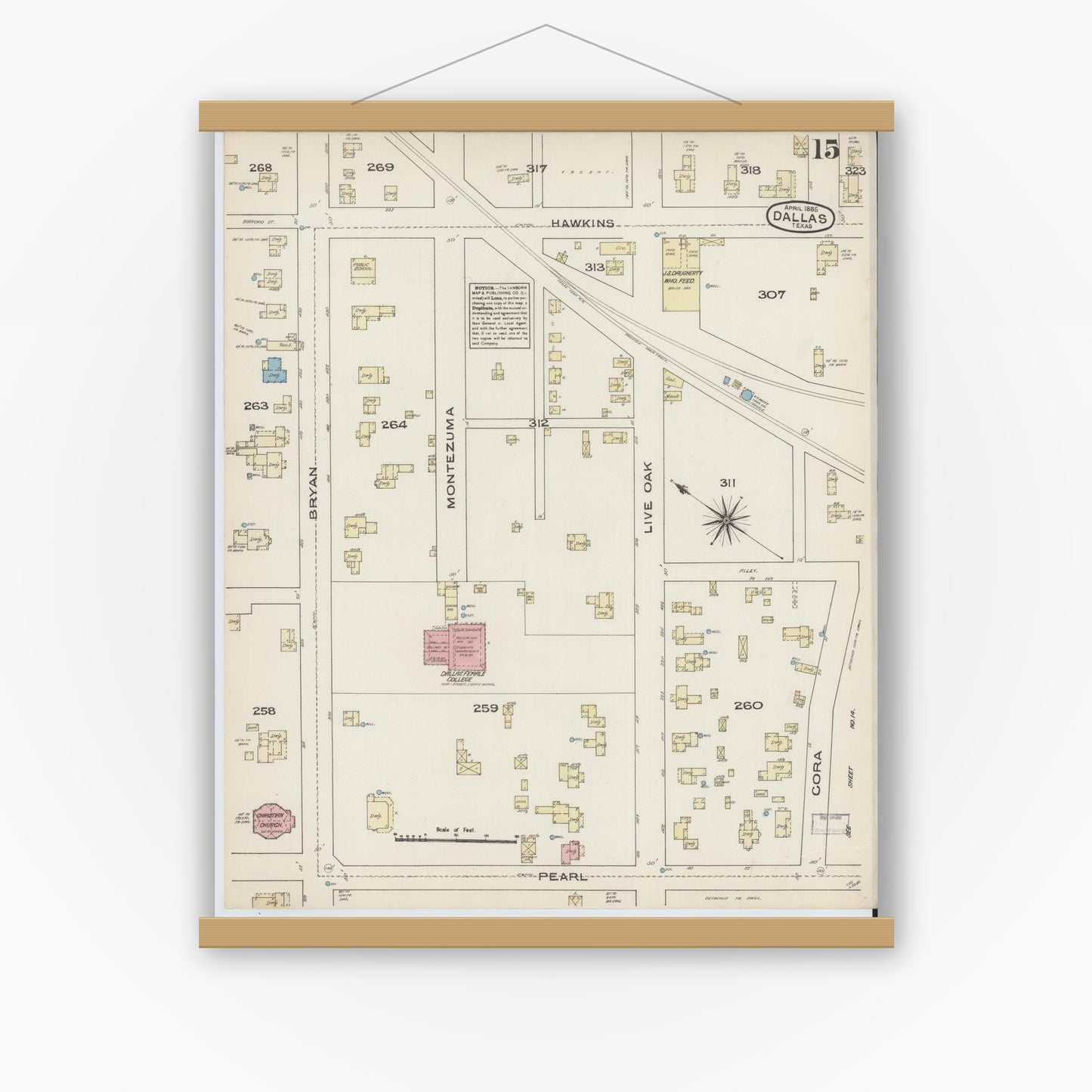 Old map wall art mockup — magnetic wood frame on white wall — Sanborn Fire Insurance Map from Dallas, Dallas County, Texas (1885), Sheet #0015