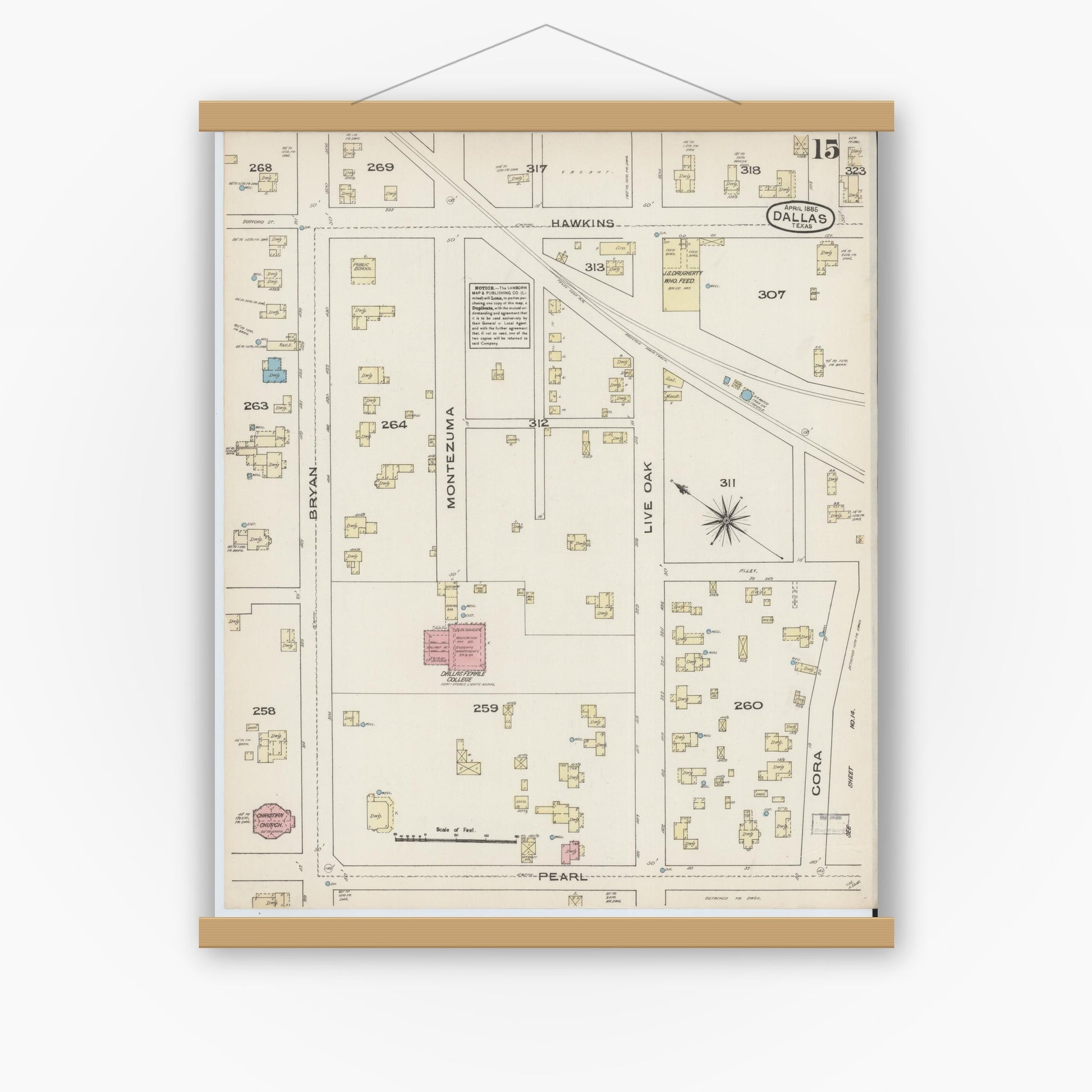 Old map wall art mockup — magnetic wood frame on white wall — Sanborn Fire Insurance Map from Dallas, Dallas County, Texas (1885), Sheet #0015