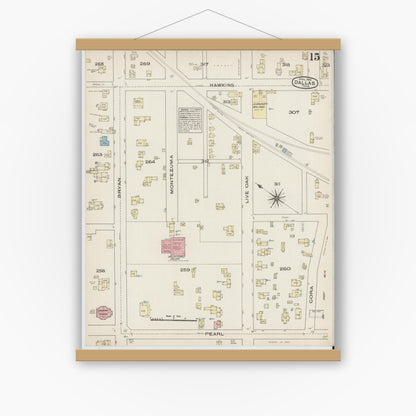 Old map wall art mockup — magnetic wood frame on white wall — Sanborn Fire Insurance Map from Dallas, Dallas County, Texas (1885), Sheet #0015