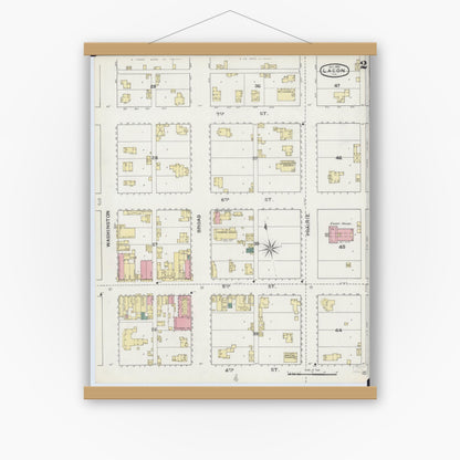 Old map wall art mockup — magnetic wood frame on white wall — Sanborn Fire Insurance Map from Lacon, Marshall County, Illinois (1893), Sheet #0002