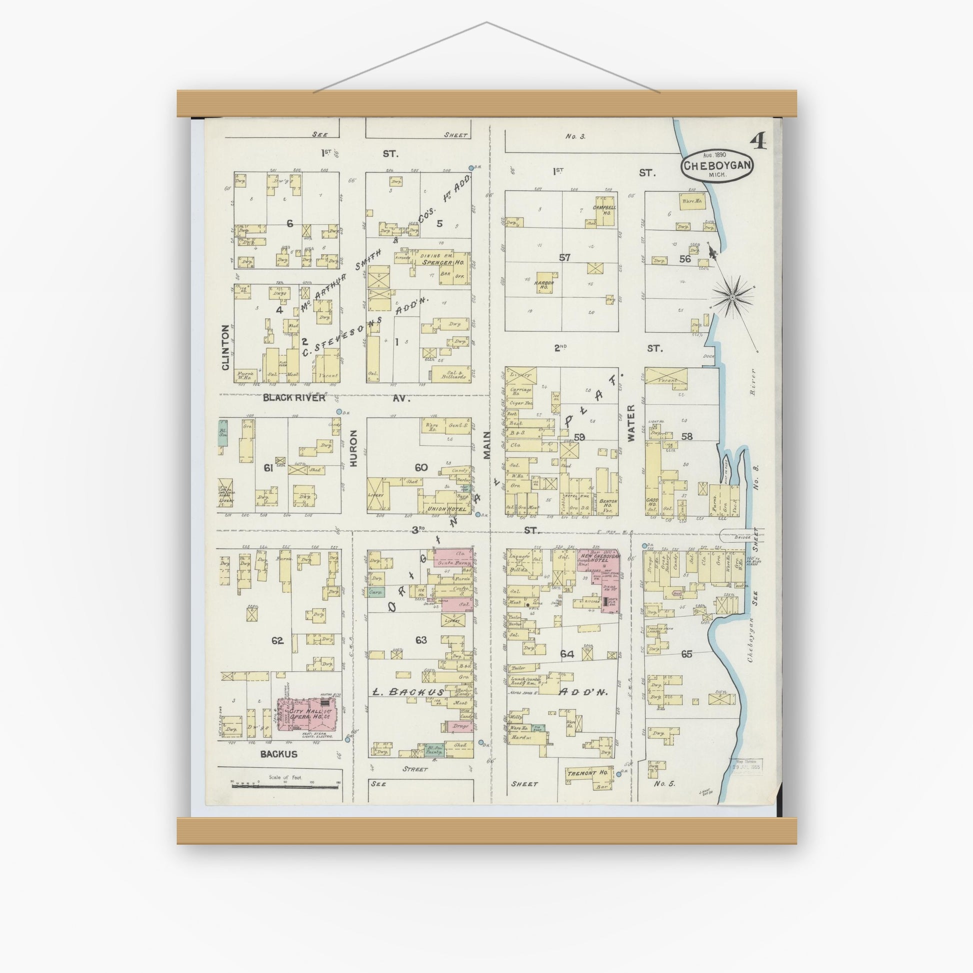 Old map wall art mockup — magnetic wood frame on white wall — Sanborn Fire Insurance Map from Cheboygan, Cheboygan County, Michigan (1890), Sheet #0004