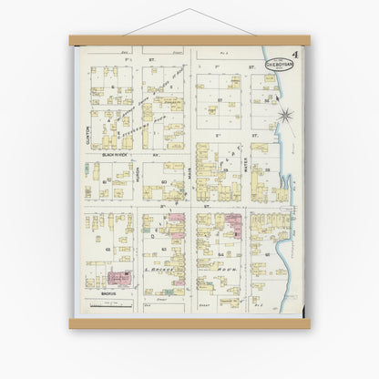 Old map wall art mockup — magnetic wood frame on white wall — Sanborn Fire Insurance Map from Cheboygan, Cheboygan County, Michigan (1890), Sheet #0004