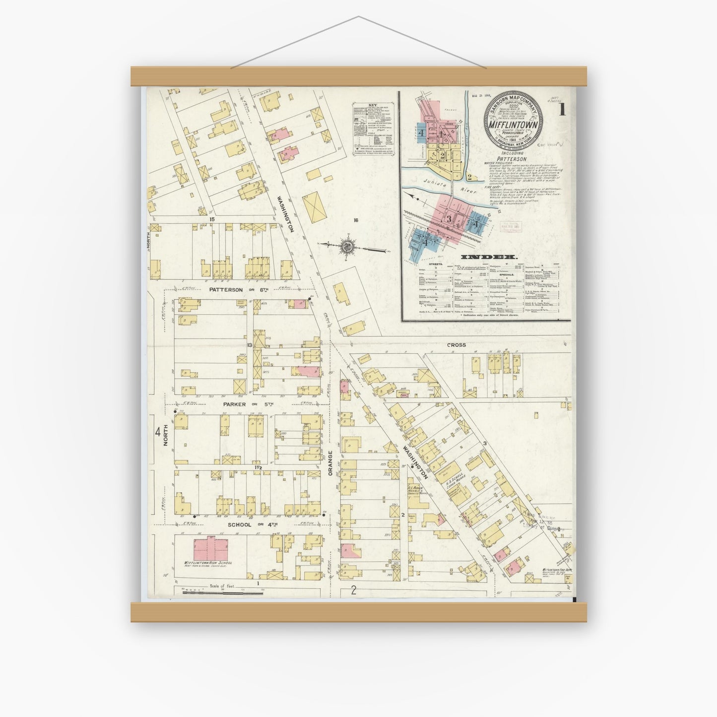 Old map wall art mockup — magnetic wood frame on white wall — Sanborn Fire Insurance Map from Mifflintown, Juniata County, Pennsylvania (1911) - Complete Map Set