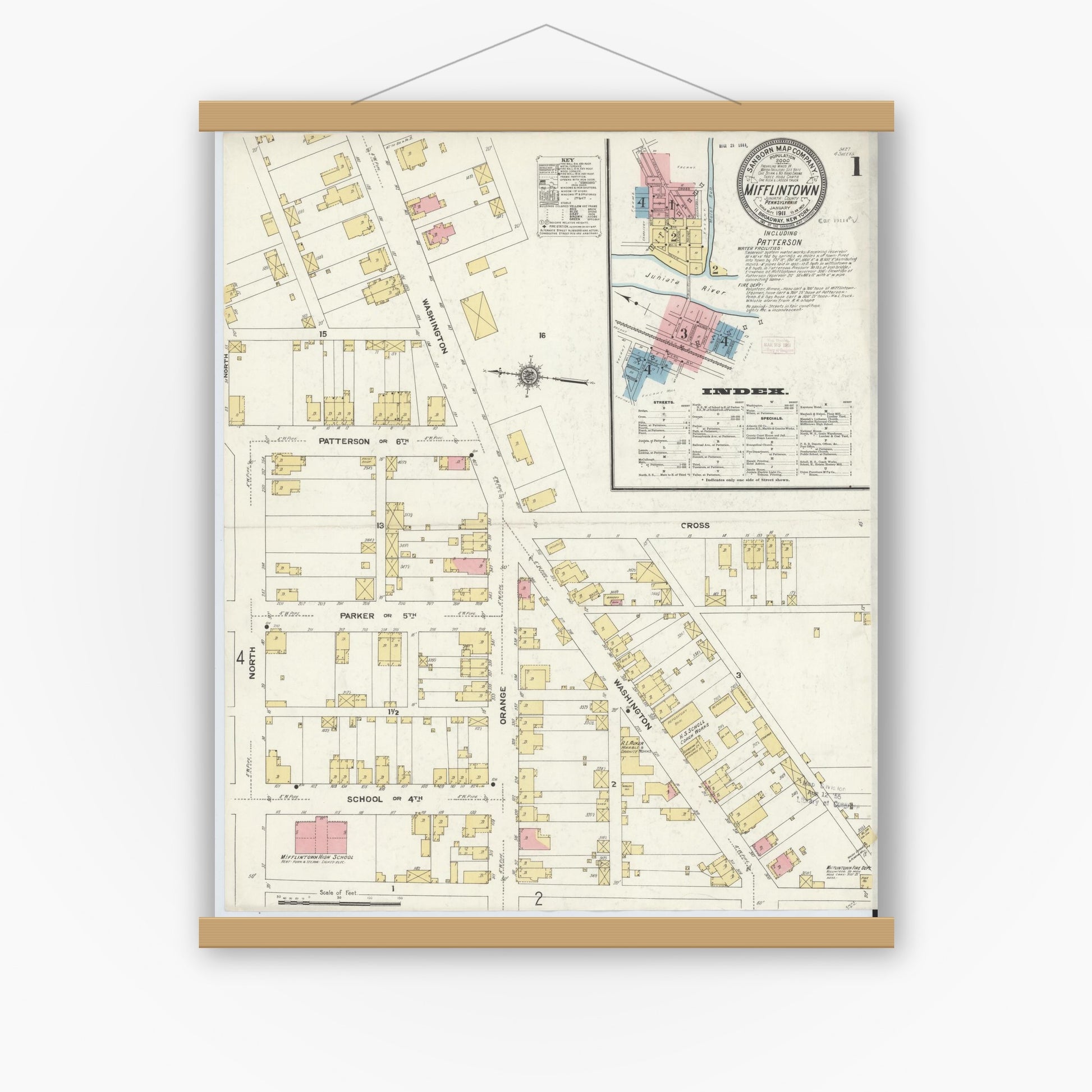 Old map wall art mockup — magnetic wood frame on white wall — Sanborn Fire Insurance Map from Mifflintown, Juniata County, Pennsylvania (1911) - Complete Map Set