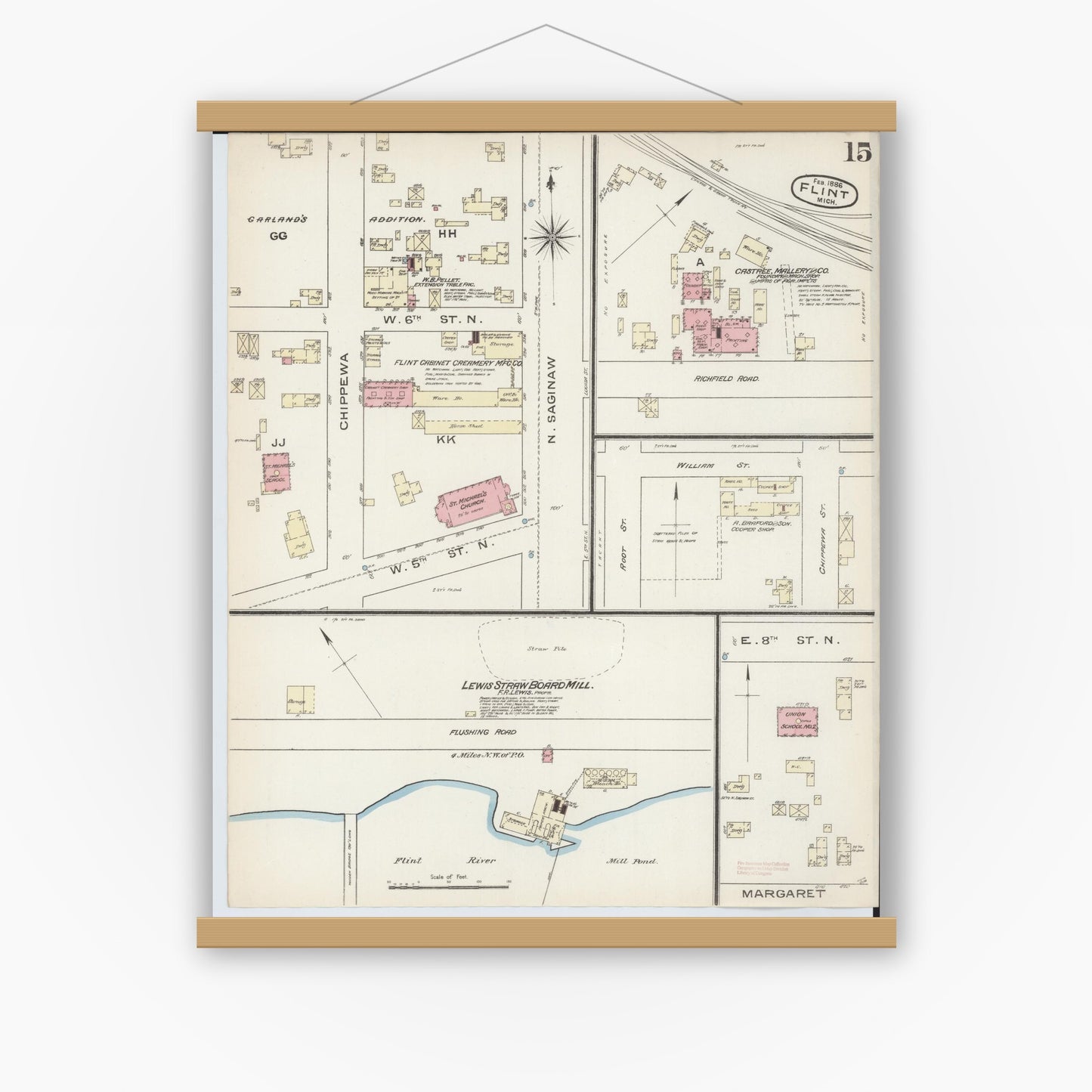 Old map wall art mockup — magnetic wood frame on white wall — Sanborn Fire Insurance Map from Flint, Genesee County, Michigan (1886), Sheet #0015