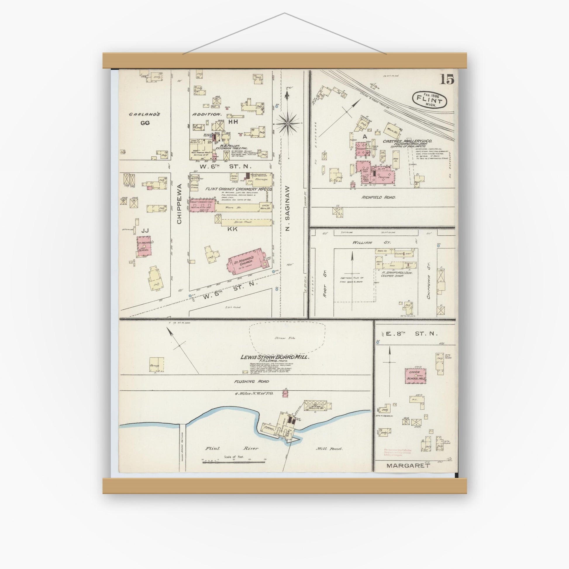 Old map wall art mockup — magnetic wood frame on white wall — Sanborn Fire Insurance Map from Flint, Genesee County, Michigan (1886), Sheet #0015