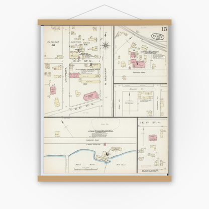 Old map wall art mockup — magnetic wood frame on white wall — Sanborn Fire Insurance Map from Flint, Genesee County, Michigan (1886), Sheet #0015