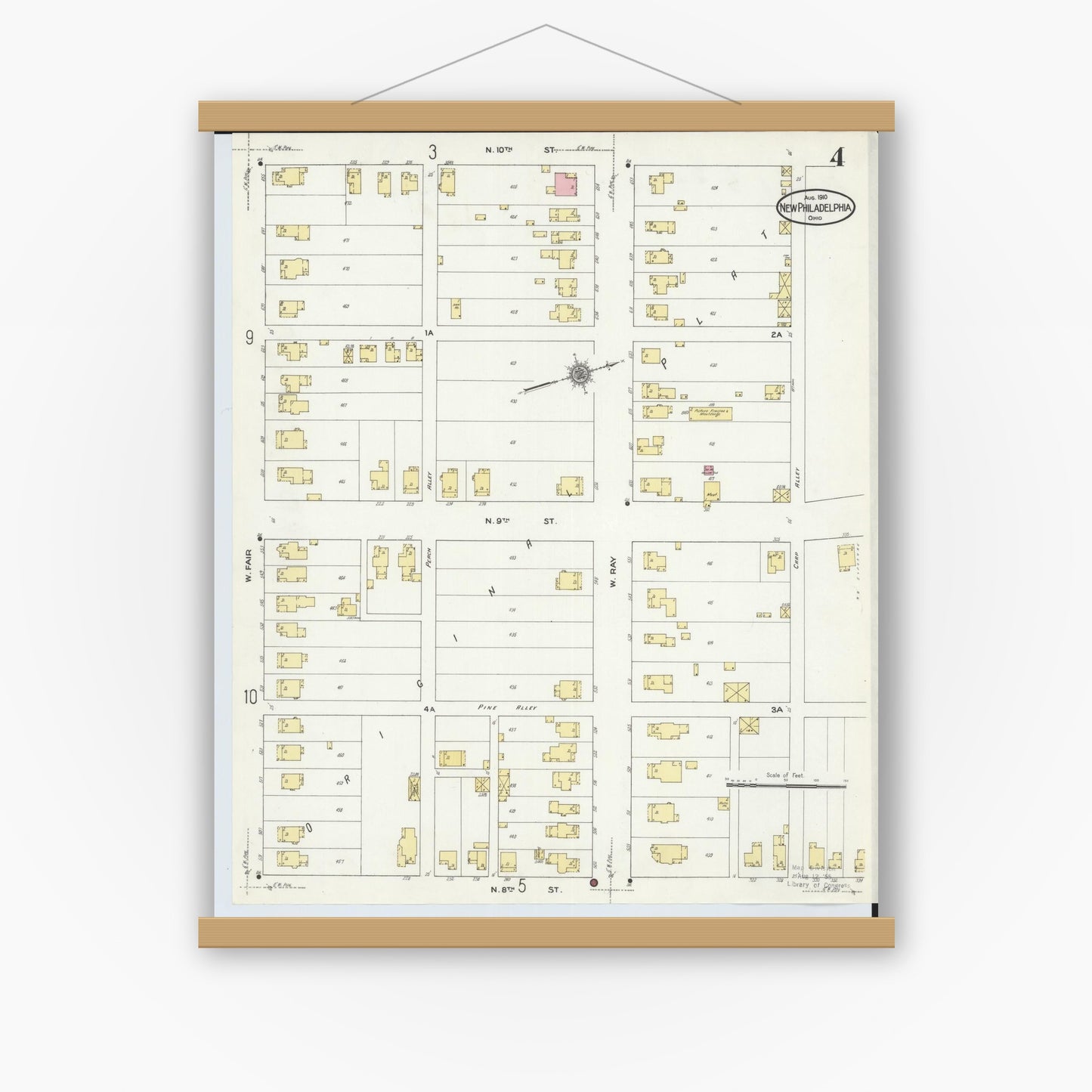 Old map wall art mockup — magnetic wood frame on white wall — Sanborn Fire Insurance Map from New Philadelphia, Tuscarawas County, Ohio (1910), Sheet #0004