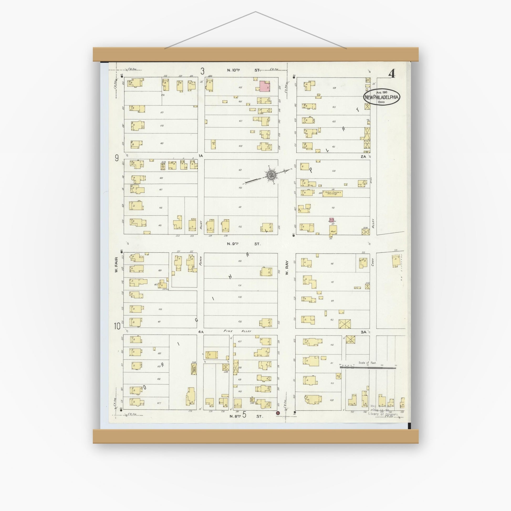 Old map wall art mockup — magnetic wood frame on white wall — Sanborn Fire Insurance Map from New Philadelphia, Tuscarawas County, Ohio (1910), Sheet #0004