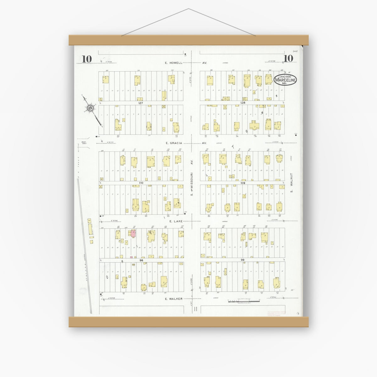 Old map wall art mockup — magnetic wood frame on white wall — Sanborn Fire Insurance Map from Marceline, Linn County, Missouri (1930), Sheet #0010