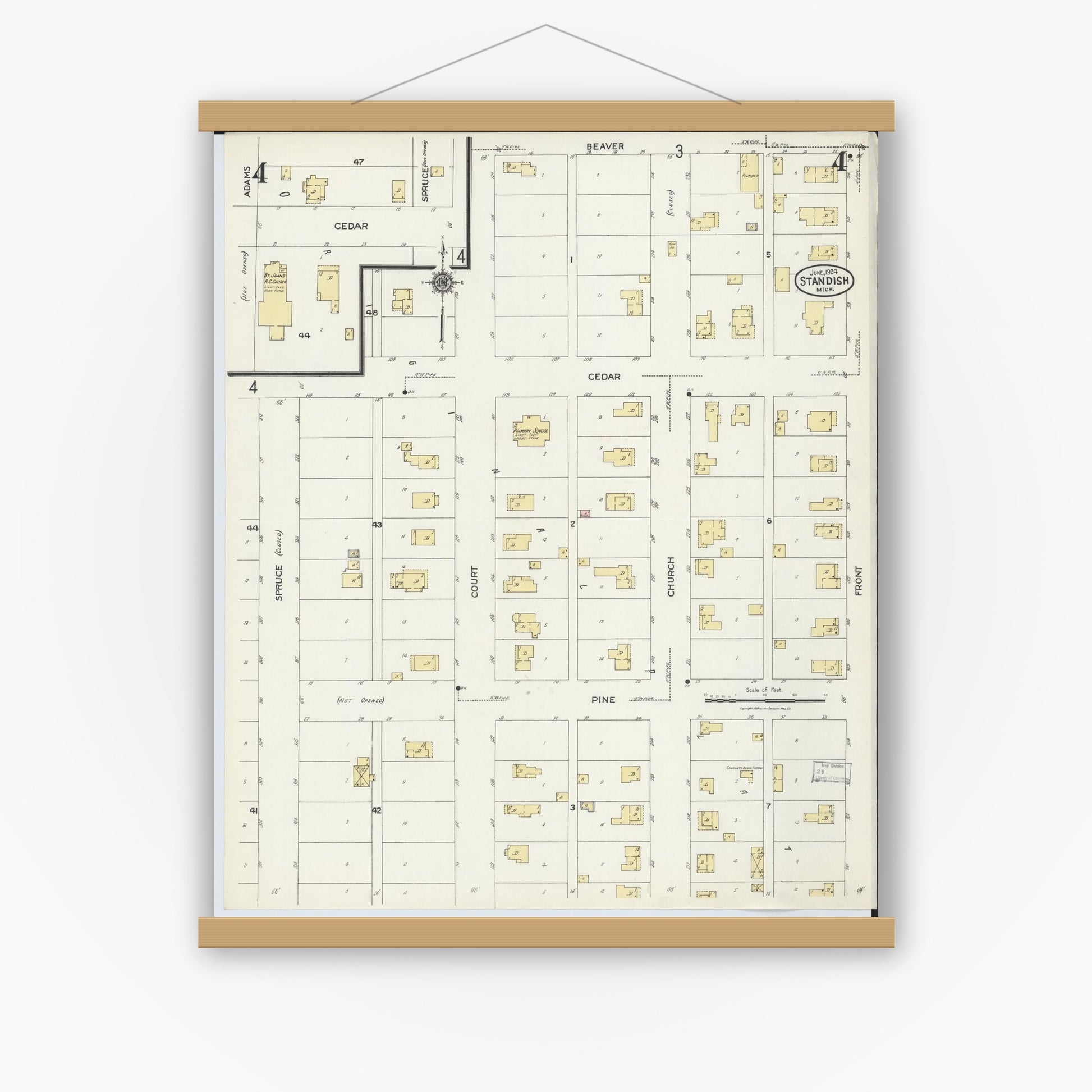 Old map wall art mockup — magnetic wood frame on white wall — Sanborn Fire Insurance Map from Standish, Arenac County, Michigan (1924), Sheet #0004
