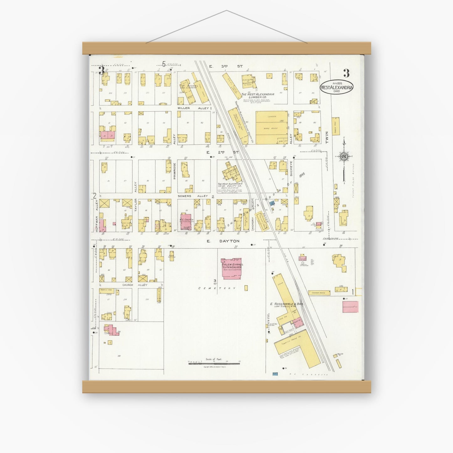 Old map wall art mockup — magnetic wood frame on white wall — Sanborn Fire Insurance Map from West Alexandria, Preble County, Ohio (1926), Sheet #0003