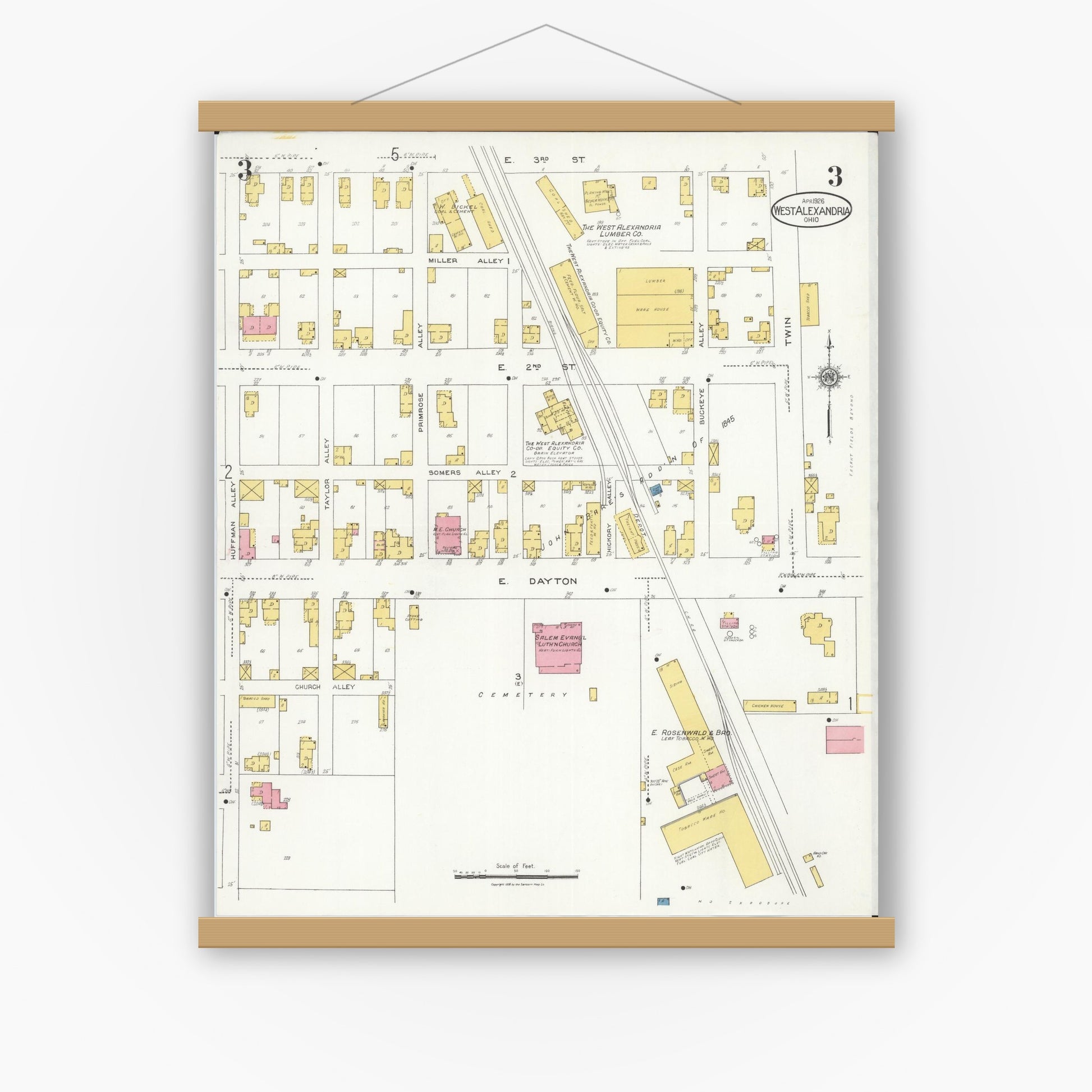 Old map wall art mockup — magnetic wood frame on white wall — Sanborn Fire Insurance Map from West Alexandria, Preble County, Ohio (1926), Sheet #0003