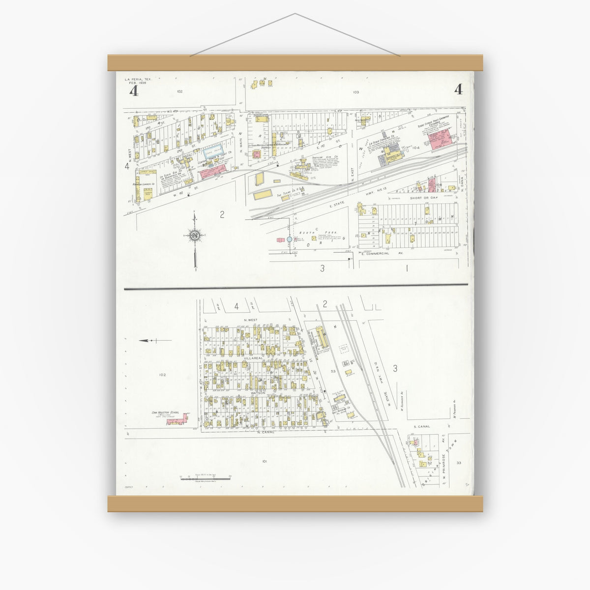 Old map wall art mockup — magnetic wood frame on white wall — Sanborn Fire Insurance Map from La Feria, Cameron County, Texas (1936), Sheet #0004