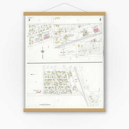 Old map wall art mockup — magnetic wood frame on white wall — Sanborn Fire Insurance Map from La Feria, Cameron County, Texas (1936), Sheet #0004