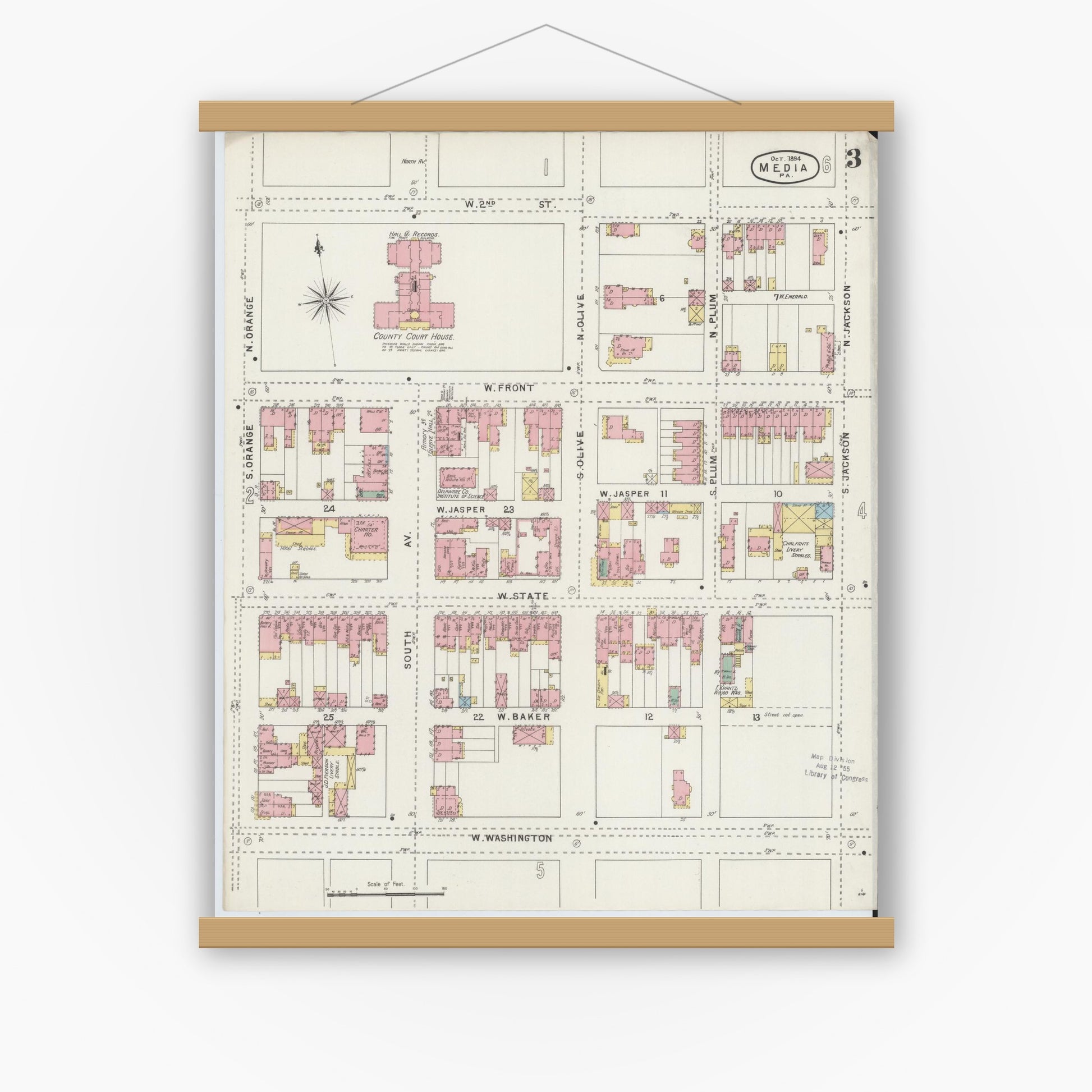 Old map wall art mockup — magnetic wood frame on white wall — Sanborn Fire Insurance Map from Media, Delaware County, Pennsylvania (1894), Sheet #0003
