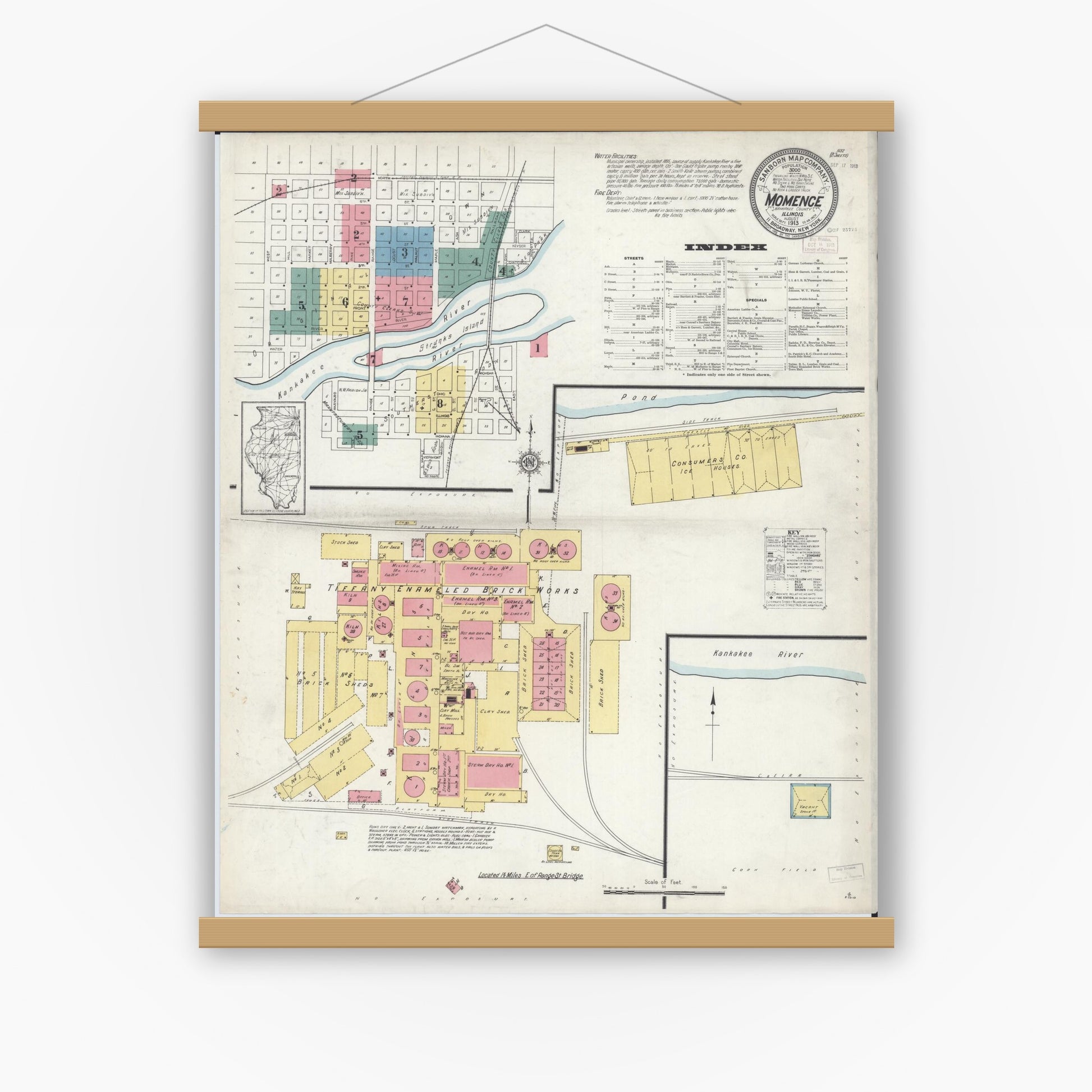 Old map wall art mockup — magnetic wood frame on white wall — Sanborn Fire Insurance Map from Momence, Kankakee County, Illinois (1913), Sheet #0001