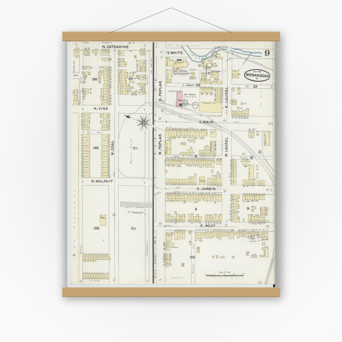 Old map wall art mockup — magnetic wood frame on white wall — Sanborn Fire Insurance Map from Shenandoah, Schuylkill County, Pennsylvania (1891), Sheet #0009